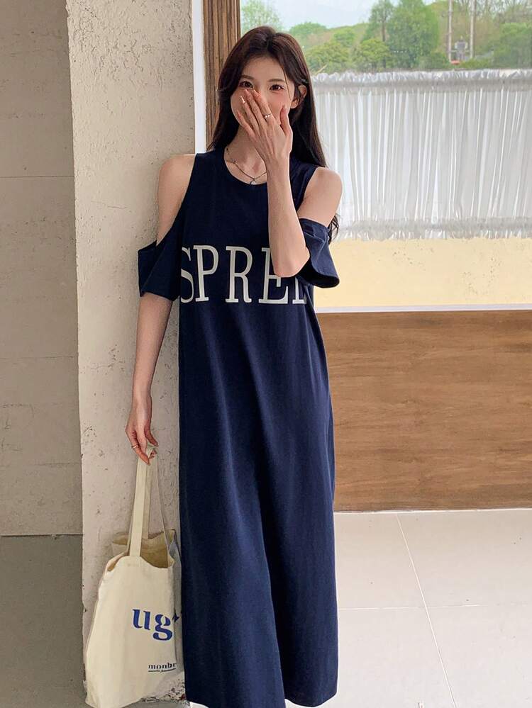 Women's Letter Print Long T-Shirt Dress, Spring/Summer, Casual Women Dress