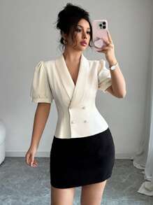 Chiquease Damen elegante Blazer-Jacke mit Knopfleiste und kurzen Ärmeln, geeignet für den Weg zur Arbeit im Sommer