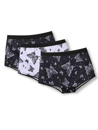 Snug Zone 3pcs Y2K Butterfly Contrast Color Comfy Briefs, Teen Girls Underwear, Black & Purple, Daily Wear