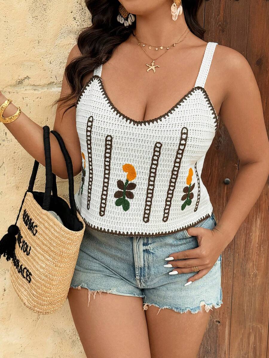 SHEIN VCAY Große Größen Urlaub Lässiges besticktes Camisole Stricktop Häkeltop Stickerei Urlaub Ausgehtops Sommertop Süße Tops Damen