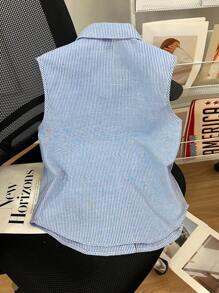 SHEIN Privé 女士优雅通勤刺绣条纹衬衫 - 藍白色 - 查看 2