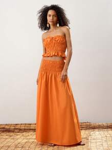 Maija 女式橙色褶饰抽绳弹性前抹胸，性感休闲度假短款衬衫，时尚简约设计 - 橘色 - 查看 2