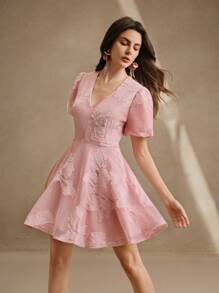 Anewsta Elegant Embroidered Lace Floral Gathered Waist Short Dress, Boho Style, Suitable For Spring And Summer - Baby Pink - View 4
