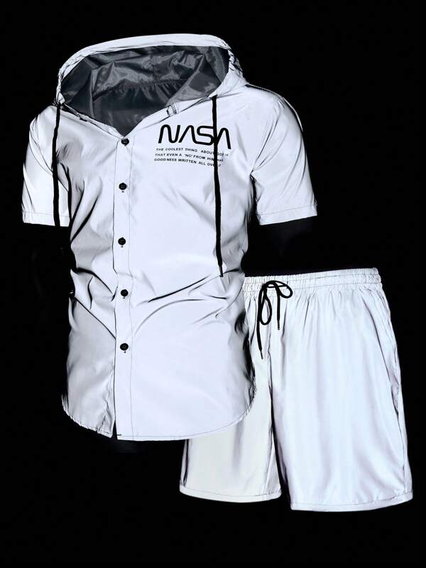 Manfinity LEGND Conjunto de camisa con capucha de manga corta y pantalones cortos para hombre, moda para el verano