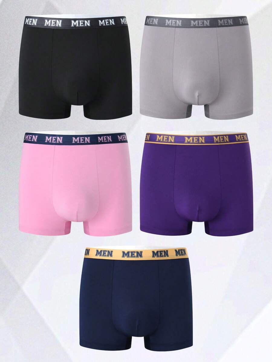 SHEIN 5pcs/Set Men Elastic Waist Letter Print Boxer Briefs - Multicolor - View 1