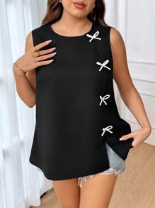 SHEIN Frenchy Plus Size Women Bow Decor Crew Neck Sleeveless Casual Shirt,Business Casual Woman