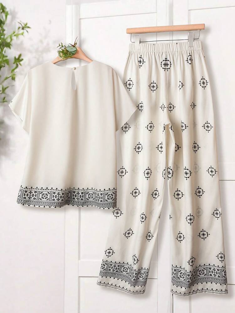2pcs/Set Women Geometric Print Shirt And Pants Casual Holiday Suit