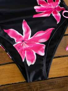 Swim Mod New Summer Women Yellow Floral Print Spaghetti Strap Side Drawstring One-Piece Swimsuit - Black - View 6