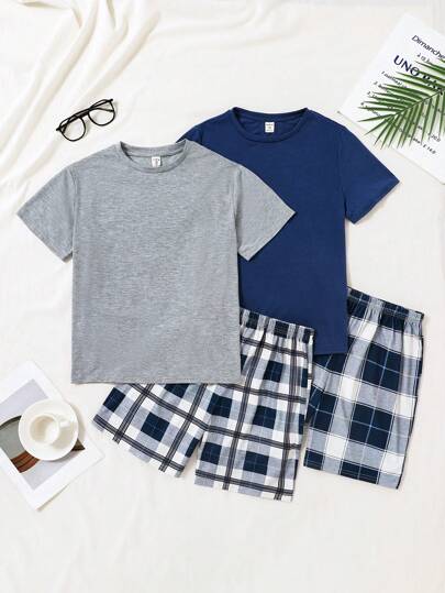 SHEIN 2pcs/Set Tween Boys' Casual Simple Solid Crew Neck Short Sleeve T-Shirt & Plaid Pattern Loose Shorts Pajama Set