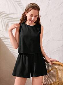 SHEIN Conjunto informal de 2 piezas para adolescente, de tela tejida de textura sólida sin mangas, para primavera/verano