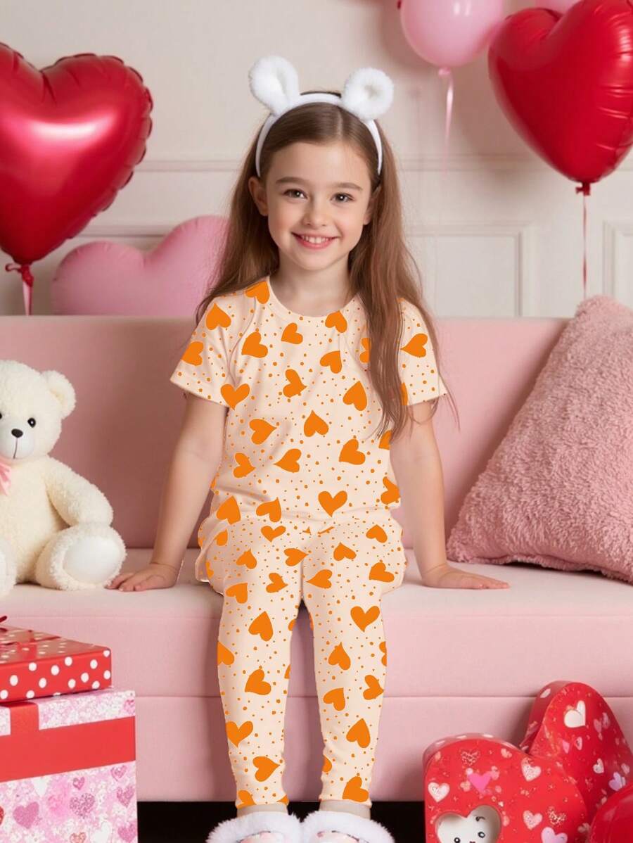 SHEIN 2pcs Casual Cartoon Print Short Sleeve Tee And Pants Set, Loungewear For Girls, Suitable For Spring & Summer - White - View 1