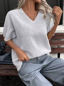 INAWLY 女士休闲 V 领宽松针织毛衣背心，秋冬 - 灰色 - 查看 6