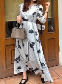 FRIFUL Women's Floral Puff Sleeve Embroidered Long Dress, Summer Maxi Dress - Black and White - View 5