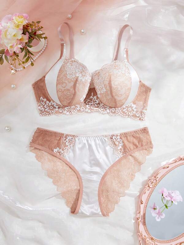 DesireSculpt 2 pièces/Set Ensemble de lingerie soutien-gorge et culotte à bordure en dentelle bicolore