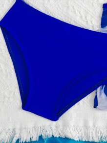 少女纯色背心、三角比基尼泳裤、泳衣罩衫、裙子四件套泳衣套装 - 寶藍色 - 查看 4