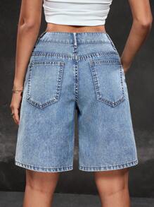 INAWLY INAWLY Women's Casual Blue Denim Bermuda Shorts With Ripped Detail And Zipper - Blue - View 2