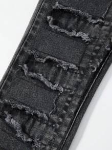 Tween Boys' Fashionable Street Hip-Hop Punk Gothic Black Bleached Embroidered Applique Elastic Waist Slim Fit Flared Jeans - Black - View 8