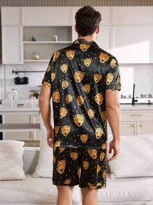 CoupledUp Fashionable Leopard Print Satin Cardigan Set For Men, Loungewear - Multicolor - View 2