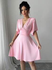 Elenzga New Women V-Neck Ruched Bust Flare Sleeve Cinched Waist Waist Elegant Mini Dress, Slimming & Flattering
