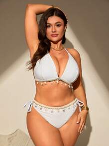 Swim SXY Plus Size Shell Details Halter Neck Bikini Set For Summer Beach Vacation - White - View 4