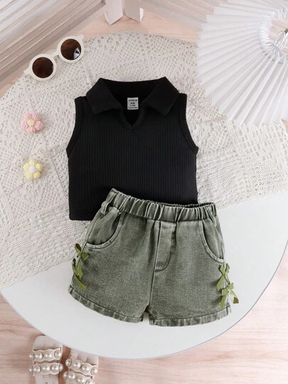 SHEIN Playful Pals 女婴优雅时尚甜美可爱罗纹无袖上衣搭配粉色水洗牛仔短裤蝴蝶结装饰夏季服装