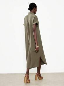 Chiquease Abito camicia maxi semplice e confortevole con spacco laterale da donna - Verde Oliva - Visualizzare 2