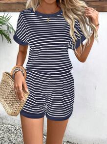 EMERY ROSE Bộ 2 áo thun tay ngắn cổ tròn kẻ sọc phối màu cho nữ và quần short - Màu xanh hải quân - Xem 4