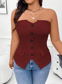 Calvaya Plus Size Solid Color Front Button Casual Camisole Vest Top - Burgundy - View 5