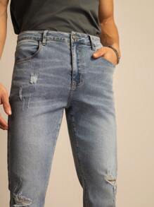 SWAVVY 男士时尚休闲修身弹力轻洗做旧牛仔裤 - 淺藍色 - 查看 4