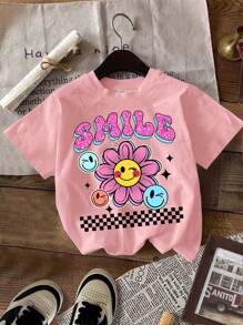 SHEIN Leap Crew 可爱卡通花朵和笑脸图案，少女休闲简约卡通设计多件装 T 恤，适合夏季 - 彩色 - 查看 5
