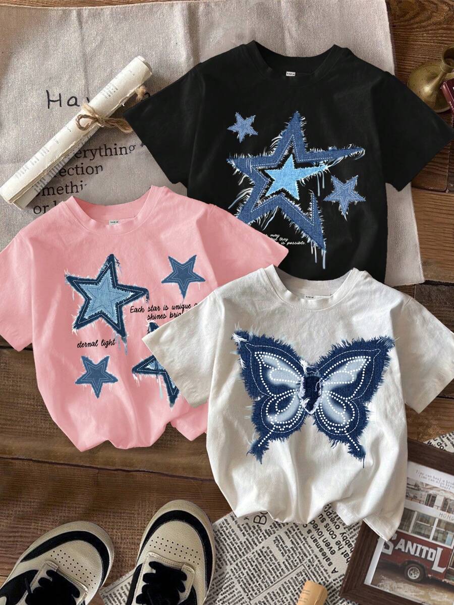 Attitoon 3pcs Set Casual Minimalist Star & Butterfly Printed Round Neck Short Sleeve Fitted Crop Top For Women - Multicolor - View 1