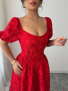 Modelyn 女士编织提花拼色弹性褶饰肩袖腰部 A 字形连衣裙，优雅 - 紅色 - 查看 5