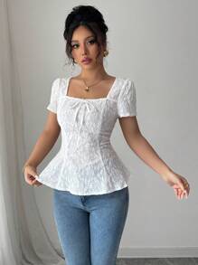 Airlisse Camiseta de mujer elegante de unicolor con bordado calado, para verano