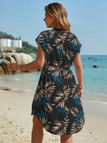SHEIN VCAY Vestido de vacaciones de manga corta con estampado de murciélago para tallas grandes - Negro - Ver 2