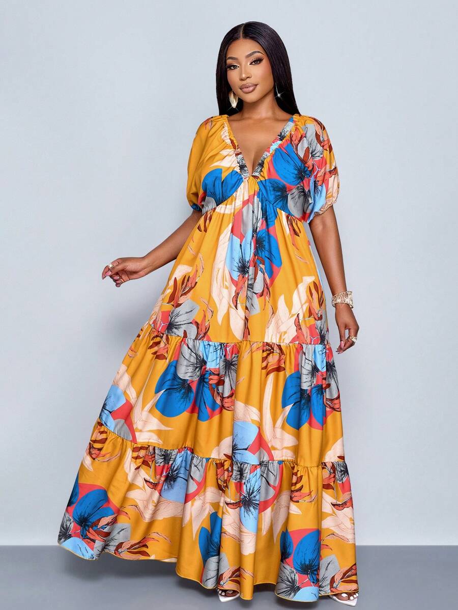 SOLERSUN Rochie maxi cu decolteu în V mare, de primăvară și vară, cu imprimeu floral pe lungime, lejer, mare, vacanta la plajă, vacanță la malul mării, rochie florală de vară, rochie lungă - Galben - Vizualizare 1