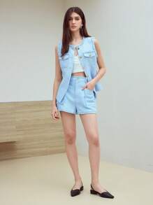 MOTF STUDIO BELTED BUTTON UP WAISTCOAT - Blue - View 5