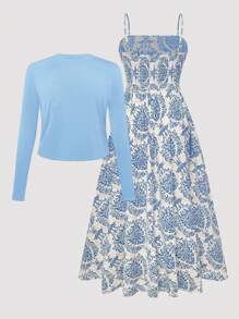 Flirla 加大码夏季度假纯色夹克和全印花吊带连衣裙套装 - 淺藍色 - 查看 2
