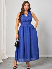 SHEIN Clasi Robe élégante de soirée, de mariage ou pour invité de mariage en mousseline de soie bleu marine, sans manches et avec un décolleté plongeant pour femme grande taille. Idéale pour les vacances et une utilisation quotidienne. - Bleu marine - Voir 3