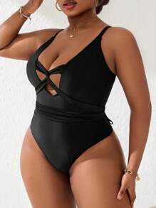 Slaydiva Plus Size Sexy Waist Cinching Hollow-Out One-Piece Swimsuit Suitable For Summer - Black - View 3