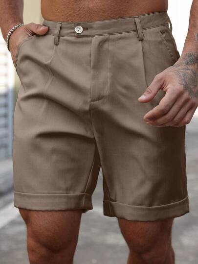 Manfinity Homme Men's Solid Color Pocket Casual Shorts, Fashionable Suitable For Summer