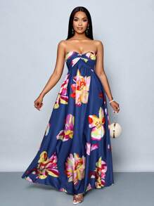 SOLERSUN Women's Spring/Summer Floral Print Romantic Beach Vacation Ruched Ruffle Hem Tube Long Dress (Random Floral) - Navy Blue - View 7