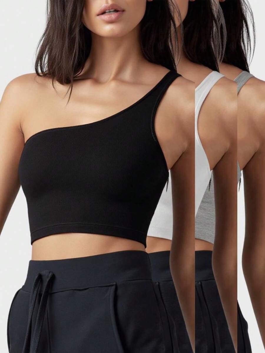 INAWLY 3pcs Women Solid Color Sleeveless Cropped Halter Top, Black/White/Gray - Multicolor - View 1