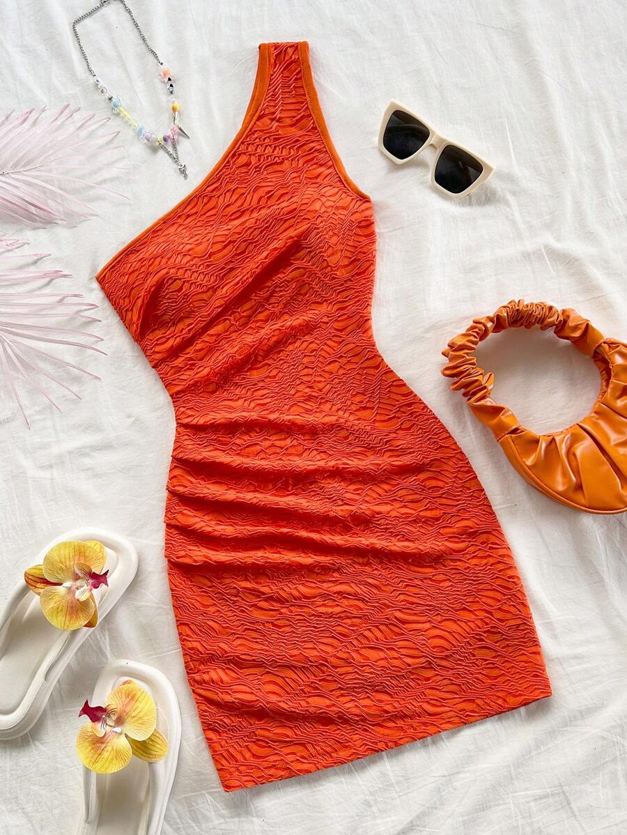 Soleia Damen Resort Blau Doppelseitiges Rosen Blumen Romantik Muster Ein-Schulter, rechtsseitig gerüschtes figurbetontes Mini-Kleid, modischer Herbst/Winter Unterrock - Gebrannte Orange - Übersicht 1