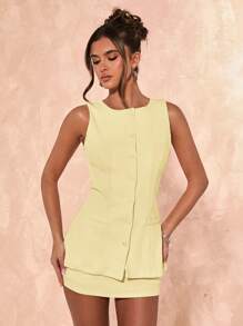 SHEIN BAE 女式纯色单排扣无袖上衣和迷你裙休闲套装