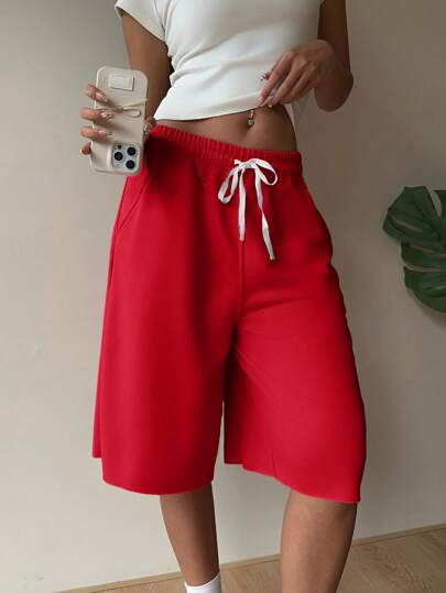 SHEIN EZwear Pantaloni largi, casual, tricotați, roșii, crop, casual, pantaloni scurți roșii de vară, pantaloni scurți cu picioare largi, pantaloni scurți casual, pantaloni scurți pentru femei, pantaloni scurți lungi confortabili pentru femei, pantaloni scurți Bermuda pentru femei, pantaloni scurți roșii pentru femei, pantaloni scurți pentru femei, vară, ținute de vară, pantaloni scurți casual pentru femei