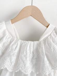 SHEIN 少女雪纺纯色荷叶边短袖镂空刺绣休闲衬衫，春夏 - 白色 - 查看 7