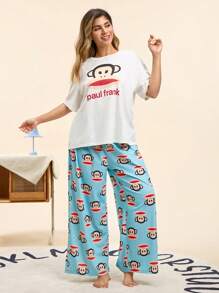 Paul Frank X SHEIN 大码女式经典宽松舒适卡通印花白色上衣和蓝色裤子睡衣套装