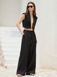 Femmeiva Women's Open Front Wide Sleeveless Cropped Vest & Loose Casual Suit Pants Set - Black - View 5