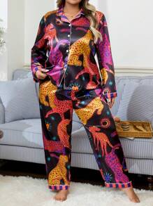 Plus Size Leopard Stripe Contrasting Color Satin Shirt & Pants Sleepwear Set, Cozy And Elegant Details, Fall Winter Clothes Outfit - Multicolor - View 5