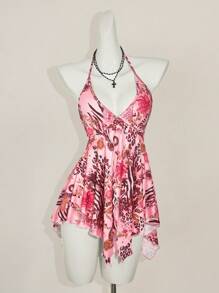 SHEIN ICON Camisola sin espalda con estampado floral retro para mujer, blusa bohemia y de estilo Y2K con escote en V para playa y uso casual, primavera/verano